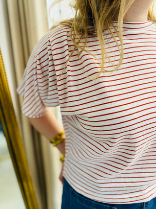 Tess T-shirt - Ecru with burgundy stripes