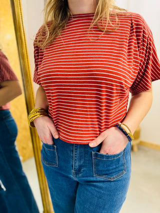 Tess T-shirt - Red with ecru stripes