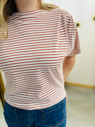 Tess T-shirt - Ecru with burgundy stripes